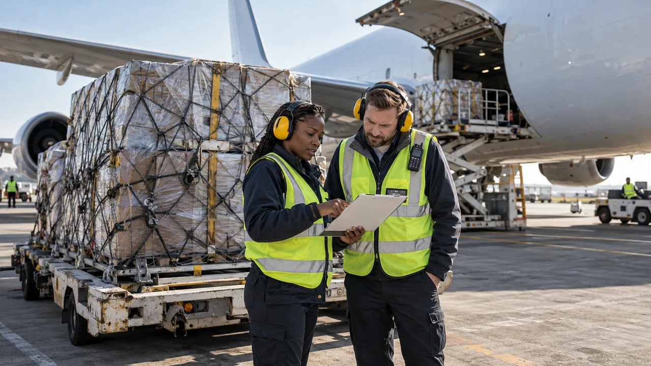 Black African and white cargo coordinators beside an aircraft and secured cargo pallets