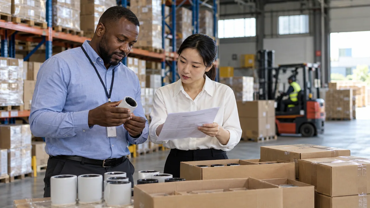 Black African buyer and Chinese supplier representative inspecting products in an illustrative export warehouse